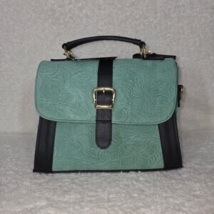 Mexican Floral Embossed Mint Green Genuine Leather Top-Handle Bag